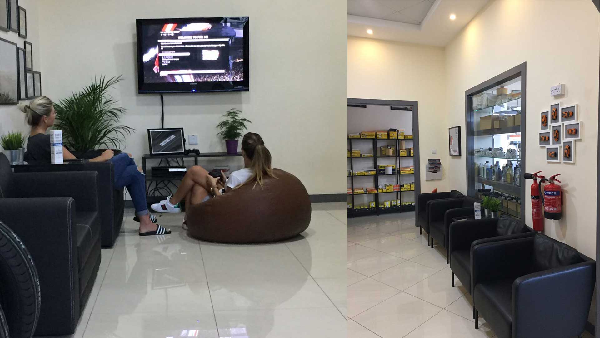 Waiting room at Orange Auto car garage services Dubai